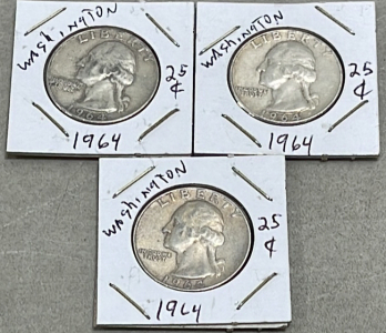 (3) 1964 Washington Silver Quarter Dollars (Carded)