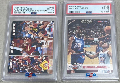 (1) 1993 NBA Hoops Steals Leader - Jordan, Blaylock, Stockton, (1) 1993 NBA Hoops Michael Jordan All-Star. Both Graded 6 By PSA