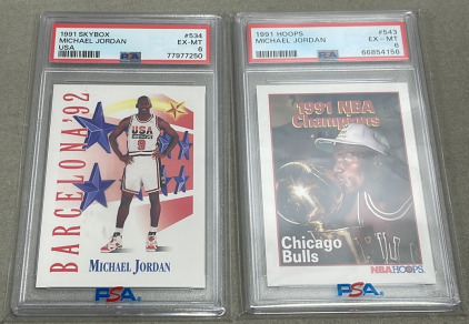 (1) 1991 NBA Skybox USA, (1) 1991 NBA Hoops Michael Jordan Champions. Both Graded EX-MT 6 By PSA