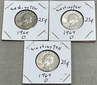 (3) 1964-D Washington Silver Quarter Dollars (Carded)