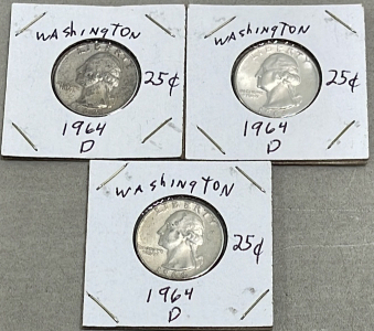 (3) 1964-D Washington Silver Quarter Dollars (Carded)