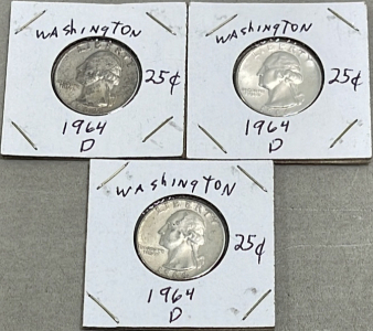 (3) 1964-D Washington Silver Quarter Dollars (Carded)