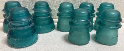 (3) Wide Blue Glass Insulators, (5) Standard Size Blue Glass Insulators