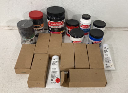 Large Lot Of Office Supplies Including Dick Blick Block Printing Ink, Speedball Screen Printing Ink, Speedball Screen Drawing Ink And Generals Pure Powder Charcoal