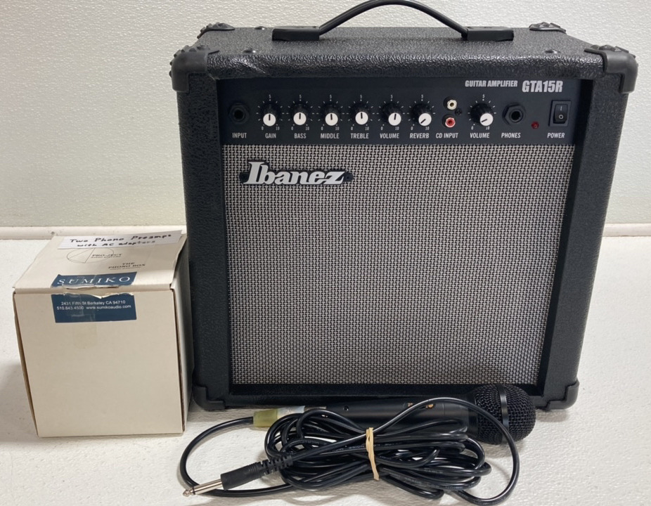 Ibanez Guitar Amp GTA15R, Corded Microphone, (2) Phono Preamps w/ AC