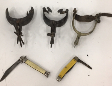 (2) Antique Cowboy Cast Iron Spurs (1) Metal And Leather Spur (2) vintage Folding Pocketv Knives