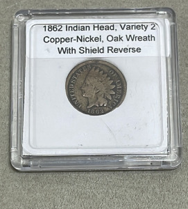 (1) 1862 Indian Head, Variety 2 Copper One Cent Coin (Carded) ( Mislabeled as Nickel)