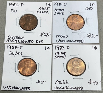 (4) Lincoln Head Pennies&hellip; 1980-P BU Mint Error Obverse Misaligned Die Uncirculated, 1981-D Mint State Red MS67 Uncirculated, 1982-P BU/MS Uncirculated, 1983-D MS66 Uncirculated
