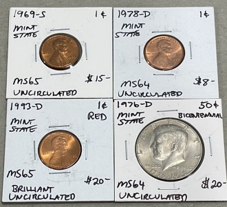 (3) Lincoln Head Pennies&hellip; 1969-S MS65 Uncirculated, 1978-D MS64 Uncirculated, 1993-D MS65 BU (1) 1976-D Half Dollar MS64 Bicentennial Uncirculated