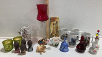 (4) Norman Rockwell Mugs, (2) Glass Candlesticks, (2) Bud Vases, (2) Green Candle Holders, (1) Gold Turtle Trinket Holder and more