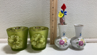 (4) Norman Rockwell Mugs, (2) Glass Candlesticks, (2) Bud Vases, (2) Green Candle Holders, (1) Gold Turtle Trinket Holder and more - 6