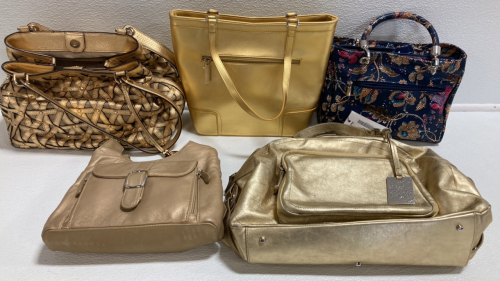 (4) Gold Purses, (1) Multicolor Purse