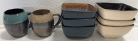 (6) Stoneware Bowls: (3) Tan, (3) Black, (2) Stoneware Mugs