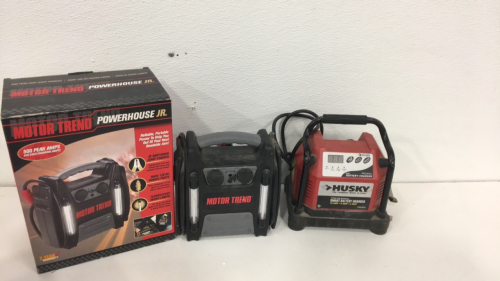 (1) Motor Trend Powerhouse JR. 500 Amp Battery Jump Starter (1) Husky 12volt Smart Battery Charger