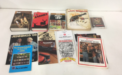 (1) Nosler Reloading Guide 6 Hardback Book (1) Barnes Reloading Manual Hardback Book (1) Speer Reloading Manual Number Nine Hardback Book (1) 1962 Gun Digest Sift Back Book and (8) Various Reliading and Gun Manuals