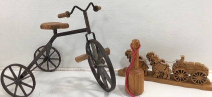 (1) 15” Vintage Cast Iron & Wood Tricycle (1) Wood Club (1) Woid Stagecoache Decoration