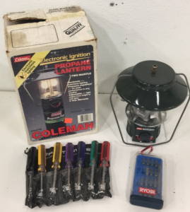 (1) Coleman Electronic Ignition Propane Lantern In Original Packaging (1) Wisdom 7-Piece Socket Screwdriver Set (1) Ryobi Drill Screwdriver Bit Set