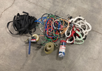 Large Lot Of Bungee Cords, Hand Winch, Black Straps, Stretch Straps And More