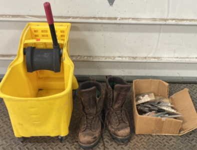 (1) Commercial Yellow Mop Bucket, (1) Pair Of Menz Size 11 Work Boots, Box Full Of Dog Decorated DoorBells