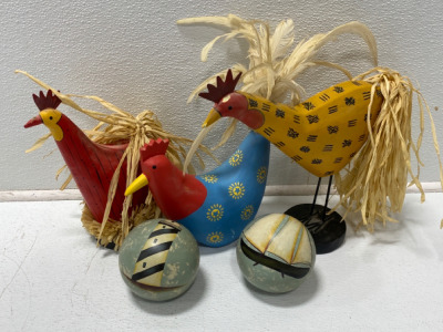 (3) Wooden Chicken Sculptures, (2) Marine Themed Balls