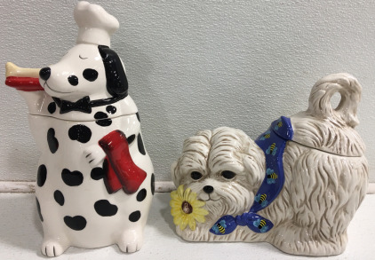 (1) Certified International Ceramic Treat Jar 12” (1) Golly Gee Dog Cookie Jar 9”