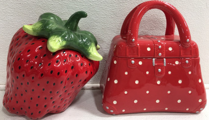 (1) 9” Strawberry Cookie Jar (1) 10” Red & White Polka Dot Purse Cookie Jar