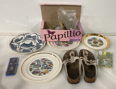 (1) Pair Of Women’s Size 8 Birkenstocks, (4 State Glass Plates, (1) Box Full Of Women’s Jewelry And More