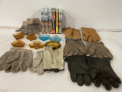 (6) Pairs Of Men’s Work Gloves, Card Suit Shaped Glass Pieces, (4) Volumes Of Jus Huntin On VHS And Other VHS Tapes