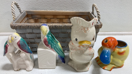 Rectangular Basket, (4) Small Vintage Ceramic Bird Planters