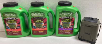 (1) Coleman Lantern, (3) Pennington Grass Seed Mixture: (2) Opened, (1) Full