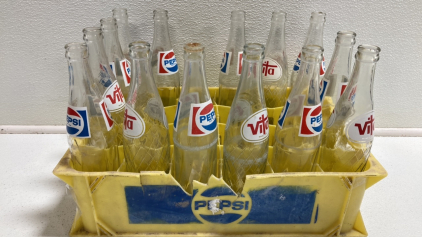 (8) Vintage Pepsi Bottles, (6) Vintage Vita Bottles, (1) Yellow Pepsi Bottle Holder