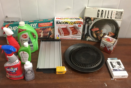 (1) Smokeless Indoor Stove Top, (1) Bacon Wave Board In Box, (1) Super Thaw Foods In Minuts, (1) Universal Knife Sharpener, And So Much More!