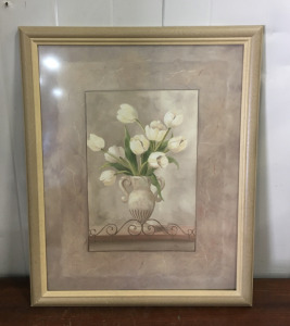 (1) 39” X 25” White Tulips Flowers In Vase Floral Home Decor Wall Picture Gold