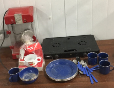 (1) Ozark Trail Propane Fold Up Burner Portable Set Up, (1) Popcorn Machine Maker, (1) Full On Set With Plates, Bowls, Cups, Forks, And Knives!