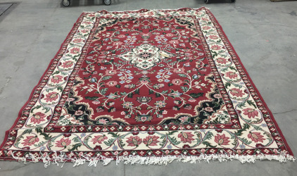 (1) 131” X 94” Red Ivory Medallion flowers Rectangle Vintage Carpet