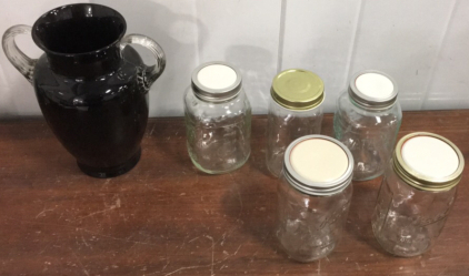 (5) Glass Mason Jar’s With Vintage Frankoma Potter Vase With two Handles On top