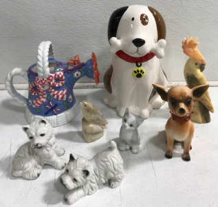 (1) 9” Puppy Treat Jar (1) 7.5” Marble Parrot Statue (2) Ceramic Dog Figurine & More!