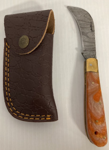 Damascus Folding Pocket Knife With Faux Pearl Handle And Case