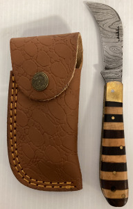 Damascus Blade Folding Knife With Stacked Wood Handle And Case