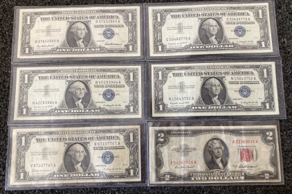 (5) Series 1957, 1957 A And 1957 B Silver Certificates And 1953 $2 Bill