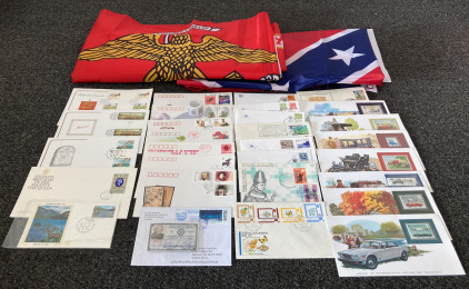 New Roll Of US Stamps, Stamped Envelopes, Marilyn Monroe Replica Military ID Card And 3’x5’ Flags