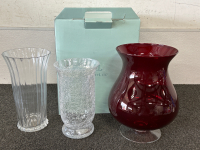 PartyLite Ruby Red Hurricane Candle Holder in Excellent Condition and Two Clear Tall Vases