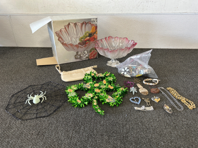 Walther-Glas Decorative Bowl, OXO Clutch Wallet, Bag of Fun Costume Jewelry, Halloween Spiderweb, and St. Patty&rsquo;s Day Clover