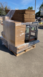 Pallet of Boxes (31.5”x22”x18.5-34”x11”x9”) and Office Supplies, Wood File Cabinet, Paper Tape Machine, Cork Board plus More