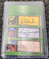 Iconic Ink Triple Cuts Limited Edition Facsimile Autographs Card - Ricky Henderson, Reggie Jackson And Mark McGwire - 2