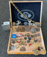 Cigar Box With Military Pins And Other Collectibles