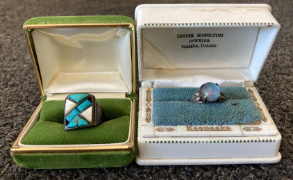 (2) Vintage Sterling Silver Mother Of Pearl, Turquoise And Opal Rings Sizes 8 & 7.5