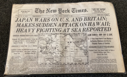 50th Anniversary Reprint New-York Times December 7, 1941 WWII Japan Attacks Pearl Harbor Newspaper