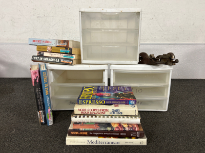 (3) Sterilite Storage Bins, Books, and Pair of Antique Wood Planers
