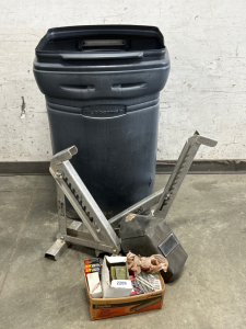 Rubbermaid Trashcan with PVC Pipe Pieces, Welding Helmet, Stinson Ladder Jacks and More